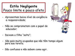 Estilo Negligente
Pouco limite e pouco afeto
- Apresentam baixo nível de exigência
e responsividade;
- Não se comprometem com o papel de
educador;
- Deixam o filho “solto”;
- São pais muito ocupados que não têm tempo algum
para sua tarefa;
- São confusos e não sabem como agir.
 