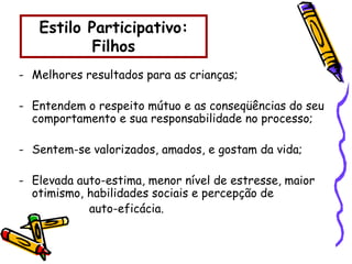 Estilo Participativo:
Filhos
- Melhores resultados para as crianças;
- Entendem o respeito mútuo e as conseqüências do seu
comportamento e sua responsabilidade no processo;
- Sentem-se valorizados, amados, e gostam da vida;
- Elevada auto-estima, menor nível de estresse, maior
otimismo, habilidades sociais e percepção de
auto-eficácia.
 