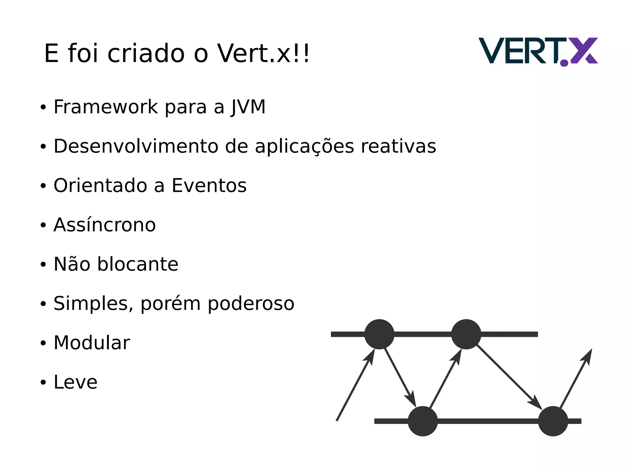 E foi criado o Vert.x!!
● Framework para a JVM
● Desenvolvimento de aplicações reativas
● Orientado a Eventos
● Assíncrono
● Não blocante
● Simples, porém poderoso
● Modular
● Leve
 