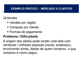 EXEMPLO PRÁTICO - MERCADO X CLIENTES
Vendas
 Vendas por região
 Compras por cliente
 Formas de pagamento
Problema / Dificuldade
A origem dos dados pode conter uma lista com
centenas / milhares pessoas (nome, endereço),
envolvendo ainda, dados de quem comprou, o que
comprou e como pagou.
 