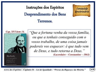 Livro dos Espíritos - Capítulo IX – Lei de Igualdade - “Provas da Riqueza e da Miséria.” 24
“Que a fortuna venha da vossa família,
ou que a tenhais conseguido com o
vosso trabalho, de uma coisa jamais
podereis vos esquecer: é que tudo vem
de Deus, e tudo retorna a Deus.”
(Lacordaire – Constantine – 1863)
Cap. XVI item 14.
Instruções dos Espíritos
Desprendimento dos Bens
Terrenos.
/30
 
