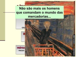 PARADOXOS:PARADOXOS:
progresso X atraso...
- destruição ambiental
-crescimento da miséria
-Utopia do Estado de bem-estar social
PARADOXOS:PARADOXOS:
progresso X atraso...
- destruição ambiental
-crescimento da miséria
-Utopia do Estado de bem-estar social
o fracasso do projetoo fracasso do projeto
da modernidadeda modernidade
retrocesso da liberdade políticaretrocesso da liberdade política
-recuo nos avanços ref. aos direitos humanos
- ultranacionalismos e ditaduras
retrocesso da liberdade políticaretrocesso da liberdade política
-recuo nos avanços ref. aos direitos humanos
- ultranacionalismos e ditaduras
IMPÉRIO DA TÉCNICAIMPÉRIO DA TÉCNICA
(tecnocracia)(tecnocracia)
-AUSÊNCIA de referências éticas
IMPÉRIO DA TÉCNICAIMPÉRIO DA TÉCNICA
(tecnocracia)(tecnocracia)
-AUSÊNCIA de referências éticas
Não são mais os homens
que comandam o mundo das
mercadorias...
 