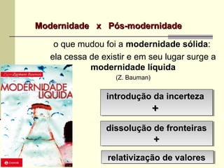 introdução da incertezaintrodução da incerteza
++
introdução da incertezaintrodução da incerteza
++
dissolução de fronteirasdissolução de fronteiras
++
dissolução de fronteirasdissolução de fronteiras
++
relativização de valoresrelativização de valoresrelativização de valoresrelativização de valores
o que mudou foi a modernidade sólida:
ela cessa de existir e em seu lugar surge a
modernidade líquida
(Z. Bauman)
Modernidade x Pós-modernidadeModernidade x Pós-modernidade
 