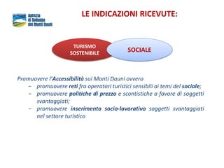 LE INDICAZIONI RICEVUTE:
Promuovere l’Accessibilità sui Monti Dauni ovvero
− promuovere reti fra operatori turistici sensibili ai temi del sociale;
− promuovere politiche di prezzo e scontistiche a favore di soggetti
svantaggiati;
− promuovere inserimento socio-lavorativo soggetti svantaggiati
nel settore turistico
TURISMO
SOSTENIBILE
SOCIALE
 