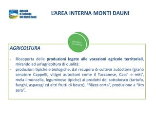 L’AREA INTERNA MONTI DAUNI
AGRICOLTURA
- Riscoperta delle produzioni legate alle vocazioni agricole territoriali,
mirando ad un’agricoltura di qualità:
- produzioni tipiche e biologiche, dal recupero di cultivar autoctone (grano
senatore Cappelli, vitigni autoctoni come il Tuccanese, Cacc’ e mitt’,
mela limoncella, leguminose tipiche) ai prodotti del sottobosco (tartufo,
funghi, asparagi ed altri frutti di bosco), “filiera corta”, produzione a “Km
zero”,
 