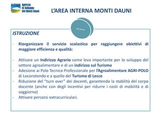 ISTRUZIONE
- Riorganizzare il servizio scolastico per raggiungere obiettivi di
maggiore efficienza e qualità:
- Attivare un Indirizzo Agrario come leva importante per lo sviluppo del
settore agroalimentare e di un indirizzo sul Turismo
- Adesione ai Polo Tecnico Professionale per l’Agroalimentare AGRI-POLO
di Locorotondo e a quello del Turismo di Lecce
- Riduzione del “turn over” dei docenti, garantendo la stabilità del corpo
docente (anche con degli incentivi per ridurre i costi di mobilità e di
soggiorno)
- Attivare percorsi extracurriculari.
L’AREA INTERNA MONTI DAUNI
 