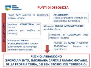 PUNTI DI DEBOLEZZA
ACCESSIBILITA’
(viarie, segnaletica, apertura siti,
infrastrutture per disabili)
Mancanza di CONTINUITÀ degli
interventi (welfare)
Poche RETI (emerso in agricoltura,
welfare, turismo)
gestione VOLONTARIA dei
servizi
(emerso per welfare e
turismo)
Mancanza SPIRITO IMPRENDITORIALE
mentalità chiusa
Carenza nei SERVIZI
COMPLEMENTARI al turismo
(aree camper, agricampeggi,
servizi per escursionisti).
RISCHIO: ABBANDONO
(SPOPOLAMENTO, EMORRAGIA CAPITALE UMANO GIOVANE,
DELLA PROPRIA TERRA, DEI BENI STORICI, DEL TERRITORIO)
PERDITA dei SAPERI E COLTURE
TRADIZIONALI (emerso in
agricoltura,)
DISOCCUPAZIONE
 