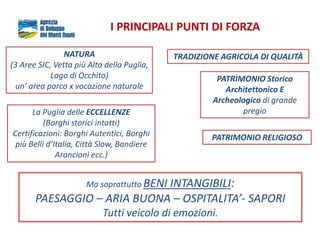 I PRINCIPALI PUNTI DI FORZA
NATURA
(3 Aree SIC, Vetta più Alta della Puglia,
Lago di Occhito)
un’ area parco x vocazione naturale
La Puglia delle ECCELLENZE
(Borghi storici intatti)
Certificazioni: Borghi Autentici, Borghi
più Belli d’Italia, Città Slow, Bandiere
Arancioni ecc.)
PATRIMONIO RELIGIOSO
PATRIMONIO Storico
Architettonico E
Archeologico di grande
pregio
TRADIZIONE AGRICOLA DI QUALITÀ
Ma soprattutto BENI INTANGIBILI:
PAESAGGIO – ARIA BUONA – OSPITALITA’- SAPORI
Tutti veicolo di emozioni.
 