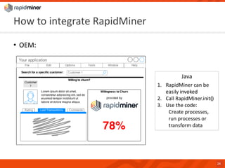 HowtointegrateRapidMiner 
•OEM: 
24 
Java 
1.RapidMiner can be easily invoked 
2.Call RapidMiner.init() 
3.Use the code: 
Create processes, run processes or transform data  