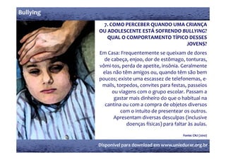 Bullying
            7. COMO PERCEBER QUANDO UMA CRIANÇA 
           OU ADOLESCENTE ESTÁ SOFRENDO BULLYING? 
              QUAL O COMPORTAMENTO TÍPICO DESSES 
                                         JOVENS? 
           Em Casa: Frequentemente se queixam de dores 
             de cabeça, enjoo, dor de estômago, tonturas, 
                      ç , j ,                   g ,          ,
           vômi‐tos, perda de apetite, insônia. Geralmente 
            elas não têm amigos ou, quando têm são bem 
           poucos; existe uma escassez de telefonemas, e
           poucos; existe uma escassez de telefonemas, e‐
            mails, torpedos, convites para festas, passeios 
                ou viagens com o grupo escolar. Passam a 
                 gastar mais dinheiro do que o habitual na 
             cantina ou com a compra de objetos diversos 
                     com o intuito de presentear os outros. 
                 Apresentam diversas desculpas (inclusive 
                 A        t  di         d     l  (i l i  
                        doenças físicas) para faltar às aulas.

                                                  Fonte: CNJ (2010)
                                                  F      CNJ (    )


           Disponível para download em www.unieducar.org.br
 
