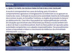 Bullying
12. QUAL É O PAPEL DA ESCOLA PARA EVITAR O BULLYING ESCOLAR?
12  QUAL É O PAPEL DA ESCOLA PARA EVITAR O BULLYING ESCOLAR?
A escola é corresponsável nos casos de bullying, pois é lá onde os 
comportamentos agressivos e transgressores se evidenciam ou se agravam na 
     p                 g             g                               g
maioria das vezes. A direção da escola (como autoridade máxima da instituição) 
deve acionar os pais, os Conselhos Tutelares, os órgãos de proteção à criança e 
ao adolescente etc. Caso não o faça poderá ser responsabilizada por omissão. 
ao adolescente etc  Caso não o faça poderá ser responsabilizada por omissão  
Em situações que envolvam atos infracionais (ou ilícitos) a escola também tem 
o dever de fazer a ocorrência policial. Assim os fatos podem ser apurados pelas 
autoridades competentes e os culpados responsabilizados. Tais procedimentos 
      id d                        l d               bili d     i       di
evitam a impunidade e inibem o crescimento da violência e da criminalidade 
infantojuvenil. Fonte: CNJ (2010)
        j




                                 Disponível para download em www.unieducar.org.br
 