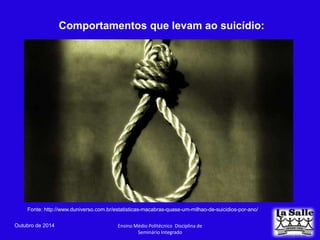 Comportamentos que levam ao suicídio: 
Fonte: http://www.duniverso.com.br/estatisticas-macabras-quase-um-milhao-de-suicidios-por-ano/ 
Outubro de 2014 Ensino Médio Politécnico Disciplina de 
Seminário Integrado 
 