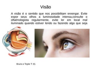 Visão
A visão é o sentido que nos possibilitam enxergar. Evite
expor seus olhos a luminosidade intensa,consulte o
oftalmologista regularmente, evite ler em local mal
iluminado quando estiver lendo ou fazendo algo que seja
necessário.
Bruno e Teylor T: 81
 