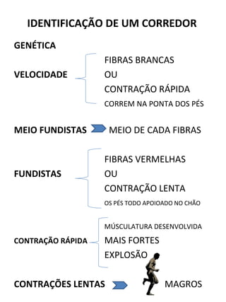 IDENTIFICAÇÃO DE UM CORREDOR 
GENÉTICA 
FIBRAS BRANCAS 
VELOCIDADE OU 
CONTRAÇÃO RÁPIDA 
CORREM NA PONTA DOS PÉS 
MEIO FUNDISTAS MEIO DE CADA FIBRAS 
FIBRAS VERMELHAS 
FUNDISTAS OU 
CONTRAÇÃO LENTA 
OS PÉS TODO APOIOADO NO CHÃO 
MÚSCULATURA DESENVOLVIDA 
CONTRAÇÃO RÁPIDA MAIS FORTES 
EXPLOSÃO 
CONTRAÇÕES LENTAS MAGROS 
 