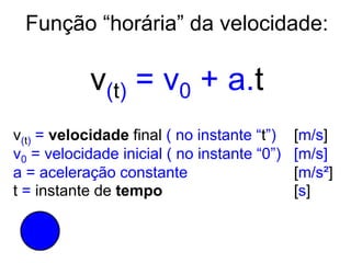 Função “horária” da velocidade:
v(t) = v0 + a.t
v(t) = velocidade final ( no instante “t”) [m/s]
v0 = velocidade inicial ( no instante “0”) [m/s]
a = aceleração constante [m/s²]
t = instante de tempo [s]
 