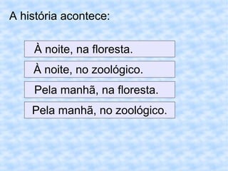 A história acontece:
À noite, na floresta.
À noite, no zoológico.
Pela manhã, na floresta.
Pela manhã, no zoológico.
 