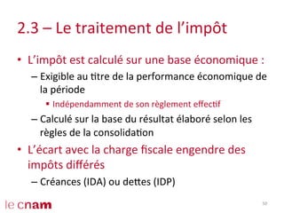 2.3	
  –	
  Le	
  traitement	
  de	
  l’impôt	
  
•  L’impôt	
  est	
  calculé	
  sur	
  une	
  base	
  économique	
  :	
  
– Exigible	
  au	
  Ctre	
  de	
  la	
  performance	
  économique	
  de	
  
la	
  période	
  
§  Indépendamment	
  de	
  son	
  règlement	
  eﬀecCf	
  
– Calculé	
  sur	
  la	
  base	
  du	
  résultat	
  élaboré	
  selon	
  les	
  
règles	
  de	
  la	
  consolidaCon	
  
•  L’écart	
  avec	
  la	
  charge	
  ﬁscale	
  engendre	
  des	
  
impôts	
  diﬀérés	
  
– Créances	
  (IDA)	
  ou	
  deles	
  (IDP)	
  
50	
  
 