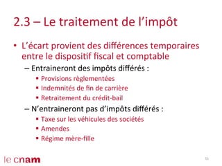 2.3	
  –	
  Le	
  traitement	
  de	
  l’impôt	
  
•  L’écart	
  provient	
  des	
  diﬀérences	
  temporaires	
  
entre	
  le	
  disposiCf	
  ﬁscal	
  et	
  comptable	
  
– Entraineront	
  des	
  impôts	
  diﬀérés	
  :	
  
§  Provisions	
  règlementées	
  
§  Indemnités	
  de	
  ﬁn	
  de	
  carrière	
  
§  Retraitement	
  du	
  crédit-­‐bail	
  
– N’entraineront	
  pas	
  d’impôts	
  diﬀérés	
  :	
  
§  Taxe	
  sur	
  les	
  véhicules	
  des	
  sociétés	
  
§  Amendes	
  
§  Régime	
  mère-­‐ﬁlle	
  
51	
  
 