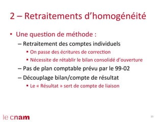 2	
  –	
  Retraitements	
  d’homogénéité	
  
•  Une	
  quesCon	
  de	
  méthode	
  :	
  
– Retraitement	
  des	
  comptes	
  individuels	
  
§  On	
  passe	
  des	
  écritures	
  de	
  correcCon	
  
§  Nécessite	
  de	
  rétablir	
  le	
  bilan	
  consolidé	
  d’ouverture	
  
– Pas	
  de	
  plan	
  comptable	
  prévu	
  par	
  le	
  99-­‐02	
  
– Découplage	
  bilan/compte	
  de	
  résultat	
  
§  Le	
  «	
  Résultat	
  »	
  sert	
  de	
  compte	
  de	
  liaison	
  
33	
  
 