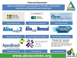 Potencial Exportador
Algumas possibilidades na prospecção de mercados e informações
relevantes ao Planejamento para Exportação
www.brasilexport.gov.br www.vitrinedoexportador.gov.br http://radar.mdic.gov.br
http://aliceweb.mdic.gov.br www.alicewebmercosul.mdic.gov.br www.aprendendoaexportar.gov.br
www.apexbrasil.com.br www.intracen.org
Trade statistics for international business
development monthly, quarterly and yearly trade
data. Import & export values, volumes, growth
rates, market shares, etc.
www.trademap.org
 