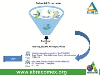 Potencial Exportador
https://www.youtube.com/watch?v=MyU5X4wc0W8
ITC Trade Center / Trade Map.
(2,31 min)
https://www.youtube.com/watch?v=EwXP0hiEXQE
Brasil Export. – Guia de Comércio Exterior e Investimentos
(2,22 min)
“Case”
Brasil Export
.
Trade Map, SECOMS, Associações, Outros
 