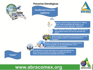 Escolhendo Parceiros
Logísticos
Parcerias Estratégicas
Há preferências do meu importador e/ou negociação global que
possa intervir na escolha, com vistas à redução de custos ou
mesmo na performance do prestador de serviços ?
Quais os mecanismos de performance otimizados para a
minha operação, por ele disponibilizados, e/ou a
receptividade à sua implantação ?
Quais as práticas de gestão que devo observar para fins
de uma relação contínua e de aperfeiçoamento e
inovação ?
Devo contratar um grande “Player” do mercado ou
uma empresa menor com foco no mercado alvo
(País)?
Quanto a minha empresa representa no “Market
Share” junto ao prestador de serviços e, sua
relevância na minha operação – demanda ?
“Cases”
 