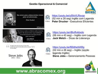 Gestão Operacional & Comercial
https://youtu.be/u00oVLRsvqo
(52 min e 28 seg) Inglês com Legenda
Peter Drucker - Executivos Eficientes
https://youtu.be/rBtvRvkbxdo
(06 min e 43 seg) – Inglês com Legenda
Jack Welch - Dicas de Liderança
https://youtu.be/f60dheI4ARg
(02 min e 26 seg) – Inglês (opção
legenda Inglês)
Steve Jobs – Gerenciamento Pessoas
 