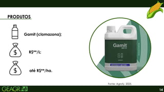 14
PRODUTOS
Gamit (clomazona);
R$**/L;
até R$**/ha.
Fonte: Agrofy, 2025.
 