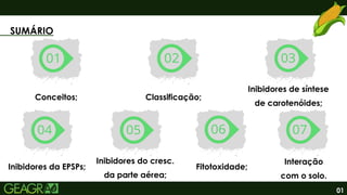 01
SUMÁRIO
Conceitos;
Inibidores do cresc.
da parte aérea;
Inibidores da EPSPs; Fitotoxidade;
Interação
com o solo.
Classificação;
Inibidores de síntese
de carotenóides;
 