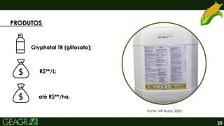 20
PRODUTOS
Glyphotal TR (glifosato);
R$**/L;
até R$**/ha.
Fonte: MF Rural, 2025.
 