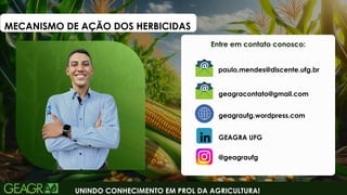 Entre em contato conosco:
UNINDO CONHECIMENTO EM PROL DA AGRICULTURA!
geagraufg.wordpress.com
geagracontato@gmail.com
GEAGRA UFG
@geagraufg
paulo.mendes@discente.ufg.br
MECANISMO DE AÇÃO DOS HERBICIDAS
 