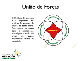 União de Forças O Pavilhão de Inovação é a expressão das práticas Inovadoras da cidade de Santa Maria. Este espaço tem como base o alinhamento estratégico e união de forças de quatro importantes atores da sociedade:  
