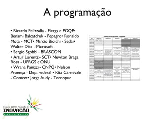 A programação  •  Ricardo Felizzolla - Fiergs e PGQP• Benami Balcatchuk - Fepagro• Ronaldo Mota - MCT• Marcio Biolchi - Sedai• Walter Dias - Microsoft •  Sergio Sgobbi - BRASCOM •  Artur Lorentz - SCT• Newton Braga Rosa - UFRGS e ONU  •  Wrana Panizzi - CNPQ• Nelson Proença - Dep. Federal • Rita Carnevale - Comcet• Jorge Audy - Tecnopuc 
