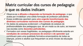 Matriz curricular dos cursos de pedagogia:
o que os dados indicam
 Observa-se a difusão e dispersão na formação do pedagogo, o que
acaba por inviabilizar uma sólida formação de professor polivalente.
 Essas evidências apontam para uma urgente transformação das
diretrizes curriculares nacionais dos cursos de pedagogia.
 Os dados da pesquisa evidenciam: a fragilidade do estatuto de
profissionalidade dos pedagogos que, de um modo ou de outro, se inserem
nas escolas como docentes polivalentes.
 Formados com essas fragilidades, os pedagogos dificilmente estarão em
condições de conduzir processos de ensinar e de aprender que
contribuam para uma qualidade formativa emancipatória de todas as
crianças, jovens e adultos que frequentam os anos iniciais da educação
básica.
 