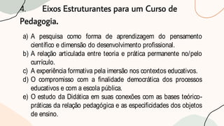 4. Eixos Estruturantes para um Curso de
Pedagogia.
a) A pesquisa como forma de aprendizagem do pensamento
científico e dimensão do desenvolvimento profissional.
b) A relação articulada entre teoria e prática permanente no/pelo
currículo.
c) A experiência formativa pela imersão nos contextos educativos.
d) O compromisso com a finalidade democrática dos processos
educativos e com a escola pública.
e) O estudo da Didática em suas conexões com as bases teórico-
práticas da relação pedagógica e as especificidades dos objetos
de ensino.
 