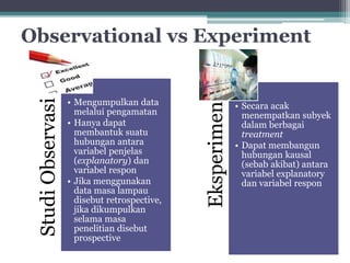 Observational vs Experiment 
Studi Observasi 
• Mengumpulkan data 
melalui pengamatan 
• Hanya dapat 
membantuk suatu 
hubungan antara 
variabel penjelas 
(explanatory) dan 
variabel respon 
• Jika menggunakan 
data masa lampau 
disebut retrospective, 
jika dikumpulkan 
selama masa 
penelitian disebut 
prospective 
Eksperimen 
• Secara acak 
menempatkan subyek 
dalam berbagai 
treatment 
• Dapat membangun 
hubungan kausal 
(sebab akibat) antara 
variabel explanatory 
dan variabel respon 
 