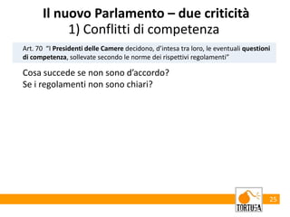 25
Art. 70 “I Presidenti delle Camere decidono, d’intesa tra loro, le eventuali questioni
di competenza, sollevate secondo le norme dei rispettivi regolamenti”
Il nuovo Parlamento – due criticità
Cosa succede se non sono d’accordo?
Se i regolamenti non sono chiari?
1) Conflitti di competenza
 