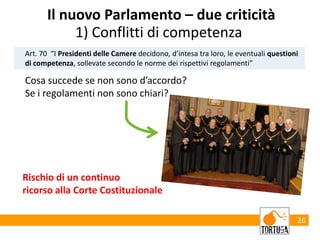 26
Art. 70 “I Presidenti delle Camere decidono, d’intesa tra loro, le eventuali questioni
di competenza, sollevate secondo le norme dei rispettivi regolamenti”
Il nuovo Parlamento – due criticità
Cosa succede se non sono d’accordo?
Se i regolamenti non sono chiari?
1) Conflitti di competenza
Rischio di un continuo
ricorso alla Corte Costituzionale
 