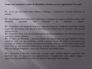 Como você considera o clima de liberdade e abertura na sua organização? Por que?


R1 - Livre, por que estão todos abertos a diálogos e indicações, visando melhorias na
mesma.

R2 - Importante e bem difundida, pois temos condições de opinar e discutir sobre como
devemos        proceder      nas        tomadas       de      decisões        diárias.

R3 - Considero não muito flexível pois algumas pequenas melhorias propostas muitas
vezes não são aceitas pelo fato de a atividade ser sempre feita de um jeito, não querem
arriscar trocar.
R4 - Considero fraco pois níveis hierárquicos são bem definidos e não dão liberdade pra
nos expor nossas opiniões.
R5 - O clima de liberdade e abertura dentro da organização em que trabalho é muito
saudável, uma vez que podemos sugerir e opinar dentro de todos os processos que
ocorrem no interior da mesma. Se tratando da minha área, de comunicação, isso é muito
mais livre, já que trocamos informações durante todo o expediente e é necessário que
haja um diálogo frequente, e para isso, liberdade de comunicação.

R6 - Considero a abertura muito boa, consigo expor minhas ideias e sugestões sem
nenhum tipo de repressão ou impedimento. Comunico-me com meus colegas e
superiores sem problema nenhum, há bastante liberdade neste sentido.
 