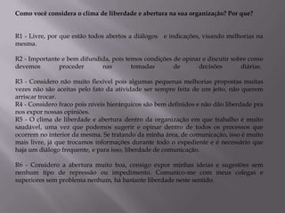 Como você considera o clima de liberdade e abertura na sua organização? Por que?


R1 - Livre, por que estão todos abertos a diálogos e indicações, visando melhorias na
mesma.

R2 - Importante e bem difundida, pois temos condições de opinar e discutir sobre como
devemos        proceder      nas        tomadas       de      decisões        diárias.

R3 - Considero não muito flexível pois algumas pequenas melhorias propostas muitas
vezes não são aceitas pelo fato da atividade ser sempre feita de um jeito, não querem
arriscar trocar.
R4 - Considero fraco pois níveis hierárquicos são bem definidos e não dão liberdade pra
nos expor nossas opiniões.
R5 - O clima de liberdade e abertura dentro da organização em que trabalho é muito
saudável, uma vez que podemos sugerir e opinar dentro de todos os processos que
ocorrem no interior da mesma. Se tratando da minha área, de comunicação, isso é muito
mais livre, já que trocamos informações durante todo o expediente e é necessário que
haja um diálogo frequente, e para isso, liberdade de comunicação.

R6 - Considero a abertura muito boa, consigo expor minhas ideias e sugestões sem
nenhum tipo de repressão ou impedimento. Comunico-me com meus colegas e
superiores sem problema nenhum, há bastante liberdade neste sentido.
 