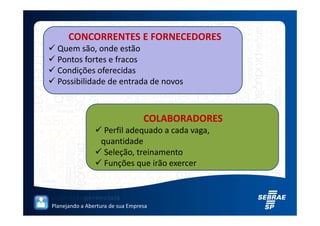CONCORRENTES E FORNECEDORES
  Quem são, onde estão
  Pontos fortes e fracos
  Condições oferecidas
  Possibilidade de entrada de novos



                                  COLABORADORES
                   Perfil adequado a cada vaga,
                  quantidade
                   Seleção, treinamento
                   Funções que irão exercer



Planejando a Abertura de sua Empresa
 