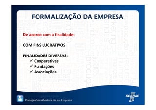 FORMALIZAÇÃO DA EMPRESA

De acordo com a finalidade:

COM FINS LUCRATIVOS

FINALIDADES DIVERSAS:
     Cooperativas
     Fundações
     Associações




 Planejando a Abertura de sua Empresa
 