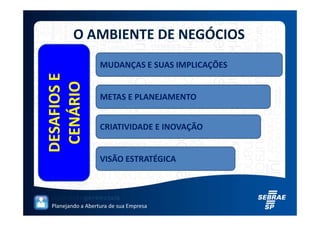 O AMBIENTE DE NEGÓCIOS
                   MUDANÇAS E SUAS IMPLICAÇÕES
DESAFIOS E
 CENÁRIO
                   METAS E PLANEJAMENTO


                   CRIATIVIDADE E INOVAÇÃO


                   VISÃO ESTRATÉGICA




 Planejando a Abertura de sua Empresa
 