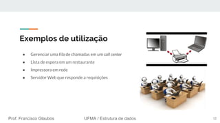 Prof. Francisco Glaubos UFMA / Estrutura de dados
Exemplos de utilização
● Gerenciar uma fila de chamadas em um call center
● Lista de espera em um restaurante
● Impressora em rede
● Servidor Web que responde a requisições
12
 