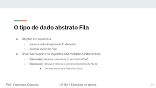 Prof. Francisco Glaubos UFMA / Estrutura de dados
O tipo de dado abstrato Fila
● Objetos em sequência
○ acesso e exclusão apenas do 1º elemento
○ inserção apenas no final
● Uma fila Q suporta os seguintes dois métodos fundamentais:
○ Q.insere(e): adiciona o elemento ‘e’ no final da fila Q
○ Q.remove(): remove e retorna o primeiro elemento da fila Q
● um erro ocorre se a fila estiver vazia
14
 