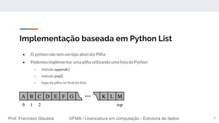 Prof. Francisco Glaubos UFMA / Licenciatura em computação - Estrutura de dados
Implementação baseada em Python List
● O python não tem um tipo abstrato Pilha
● Podemos implementar uma pilha utilizando uma lista de Python
○ método append(.)
○ método pop()
○ topo da pilha no final da lista
7
 
