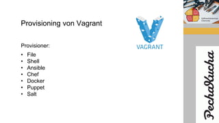 Provisioning von Vagrant
Provisioner:
• File
• Shell
• Ansible
• Chef
• Docker
• Puppet
• Salt
 