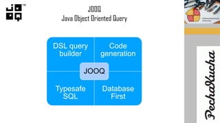 JOOQ
Java Object Oriented Query
DSL query
builder
Code
generation
Typesafe
SQL
Database
First
JOOQ
 