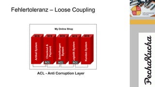 Slide 08
Fehlertoleranz – Loose Coupling
ArtikelSystem
Checkout&
Payment
Bestellungen
System
LogistikSystem
KundenSystem
My Online Shop
ACLACL ACL
ACL - Anti Corruption Layer
SCS SCS SCS SCS SCS
 