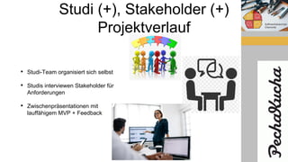 Studi (+), Stakeholder (+)
Projektverlauf
• Studi-Team organisiert sich selbst
• Studis interviewen Stakeholder für
Anforderungen
• Zwischenpräsentationen mit
lauffähigem MVP + Feedback
 